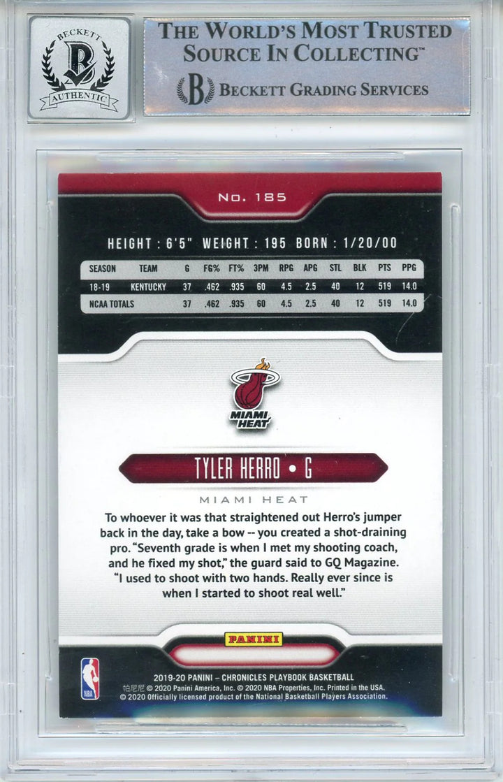 Tyler Herro Autographed 2019-20 Panini Chronicles Playbook Rookie Card #185 (BGS