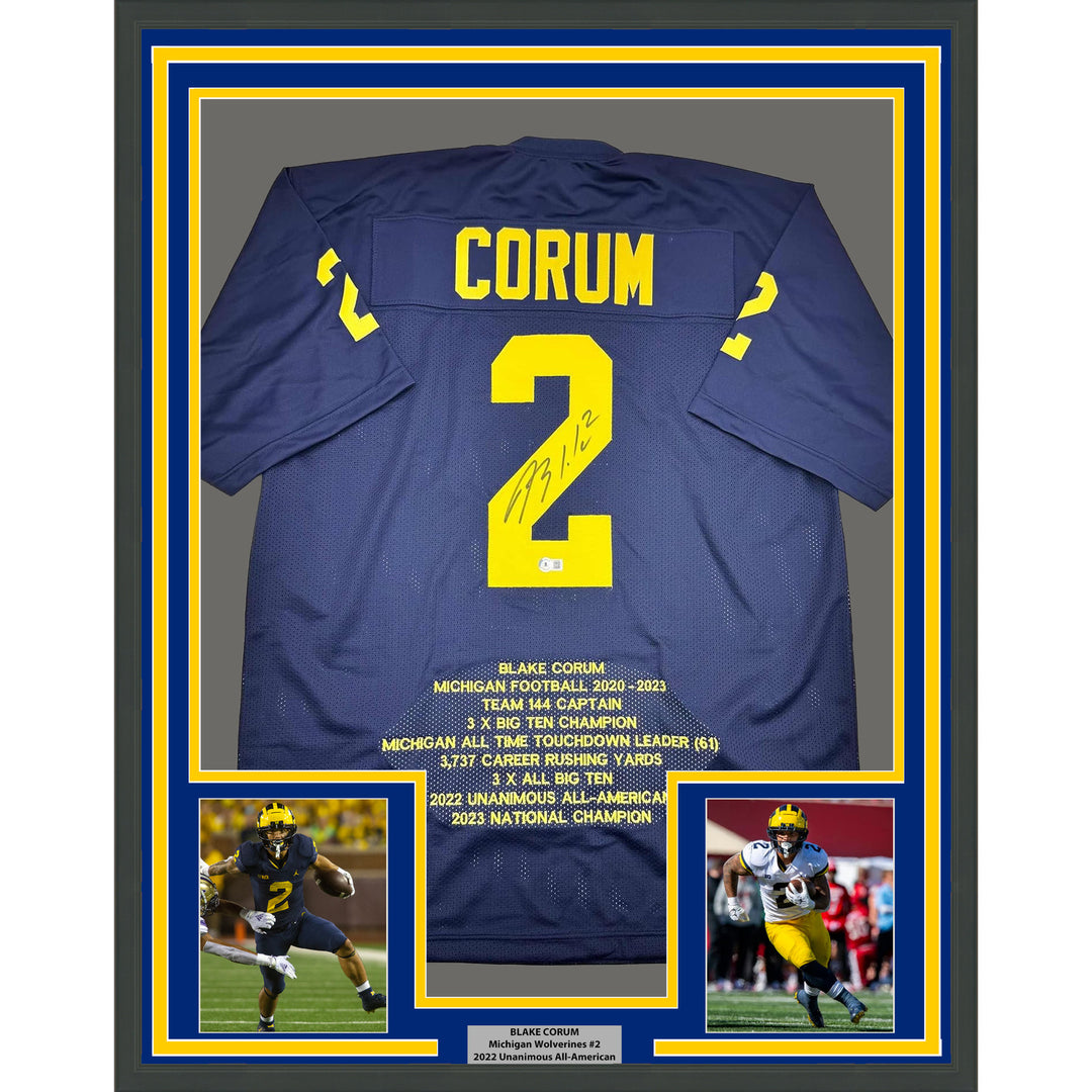 Framed Autographed/Signed Blake Corum Michigan 35x39 Stat Jersey Beckett BAS COA
