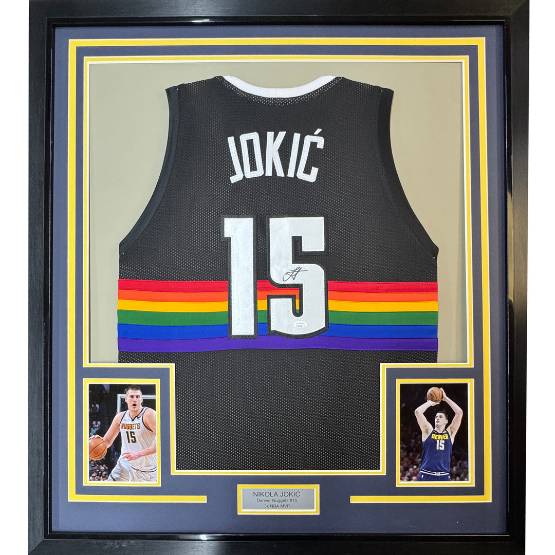 Framed Autographed/Signed Nikola Jokic 35x39 Denver Black Rainbow Jersey JSA COA