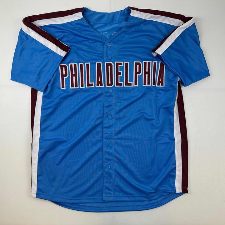 Autographed/Signed Trea Turner Philadelphia Blue Retro Jersey Beckett COA