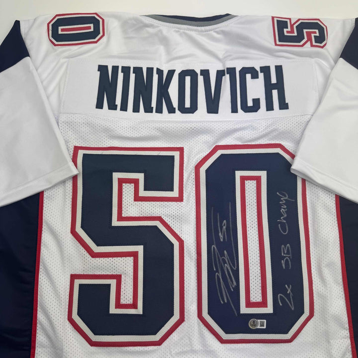 Autographed/Signed Rob Ninkovich 2x SB New England White Jersey Beckett BAS COA