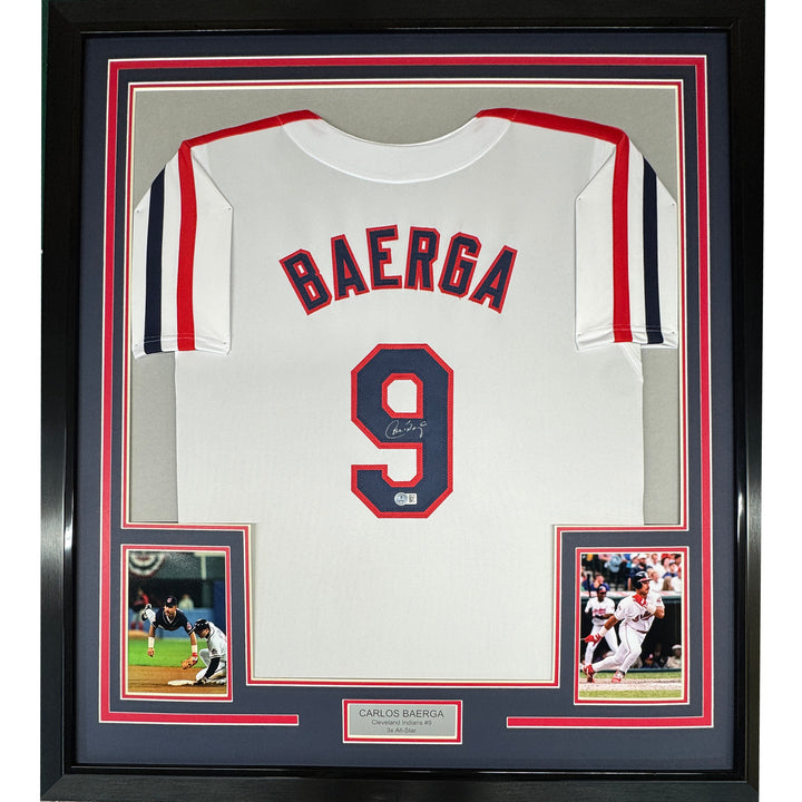 Framed Autographed/Signed Carlos Baerga 35x39 Cleveland White Jersey BAS COA