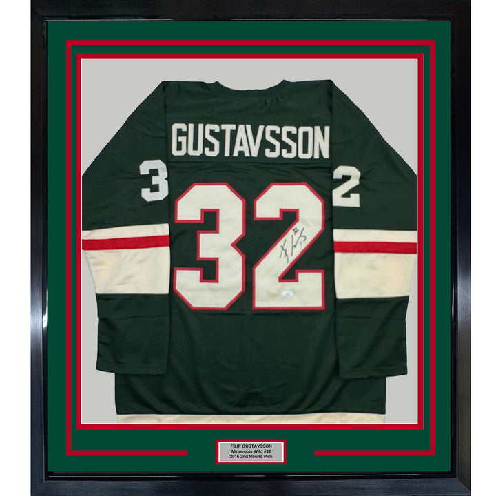 Framed Autographed/Signed Filip Gustavsson 35x39 Minnesota Green Jersey JSA COA