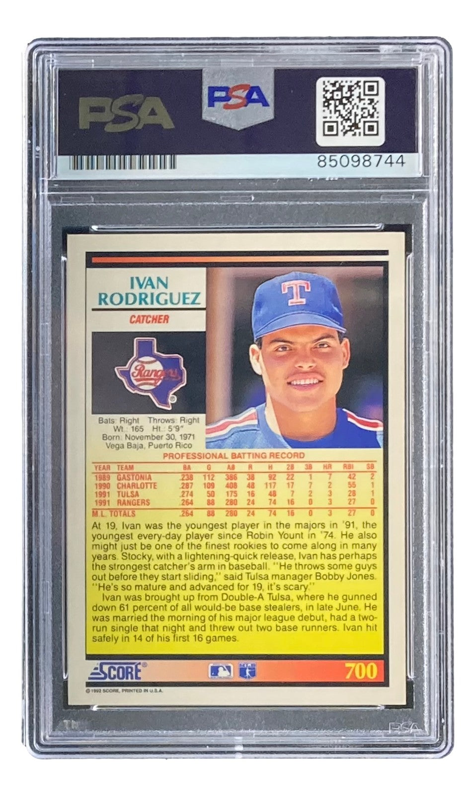 Ivan Rodriguez Signed 1992 Score #700 Texas Rangers Rookie Card PSA/DNA