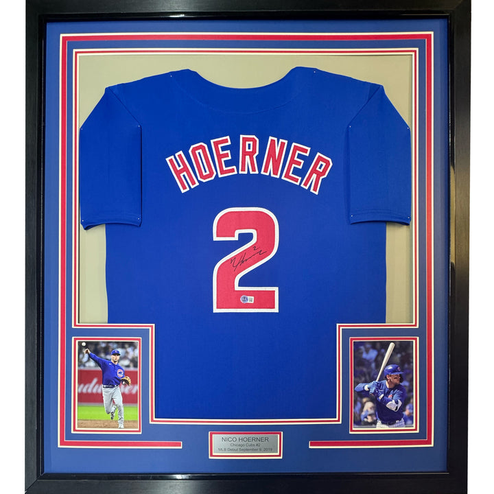 Framed Autographed/Signed Nico Hoerner 35x39 Chicago Blue Jersey Beckett BAS COA