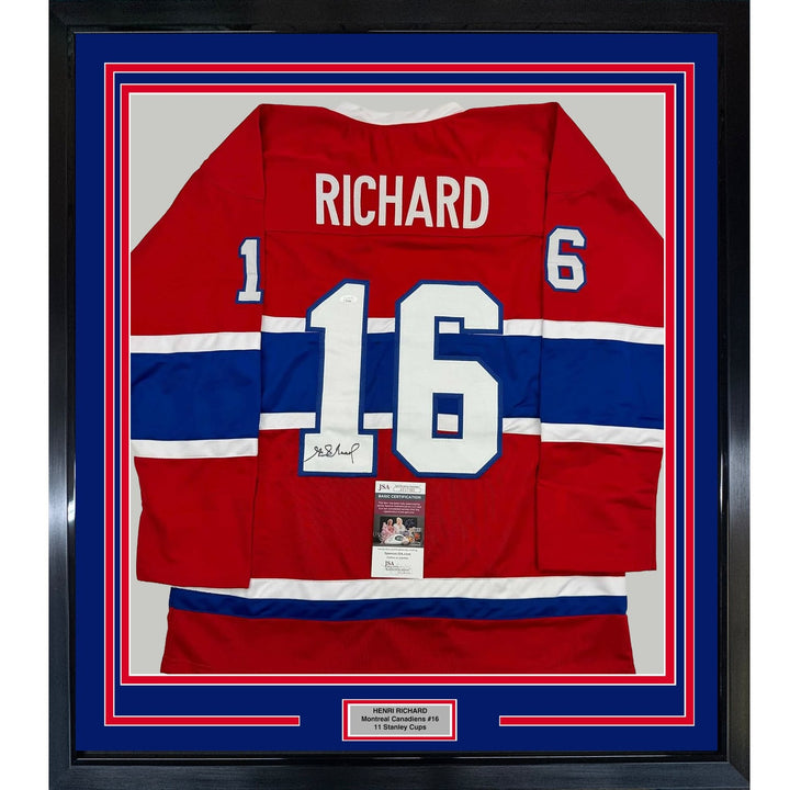 Framed Autographed/Signed Henri Richard 35x39 Montreal Red Jersey JSA COA