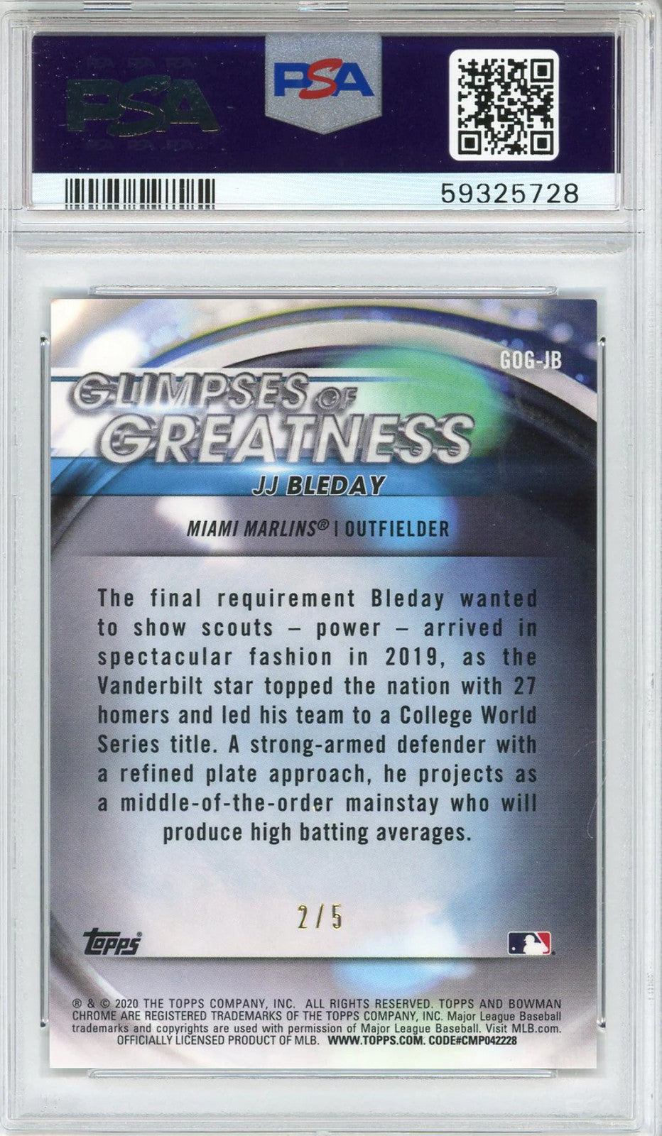 JJ Bleday 2020 Bowman Chrome Draft Glimpses of Greatness Card #GOGJB (PSA NM-MT