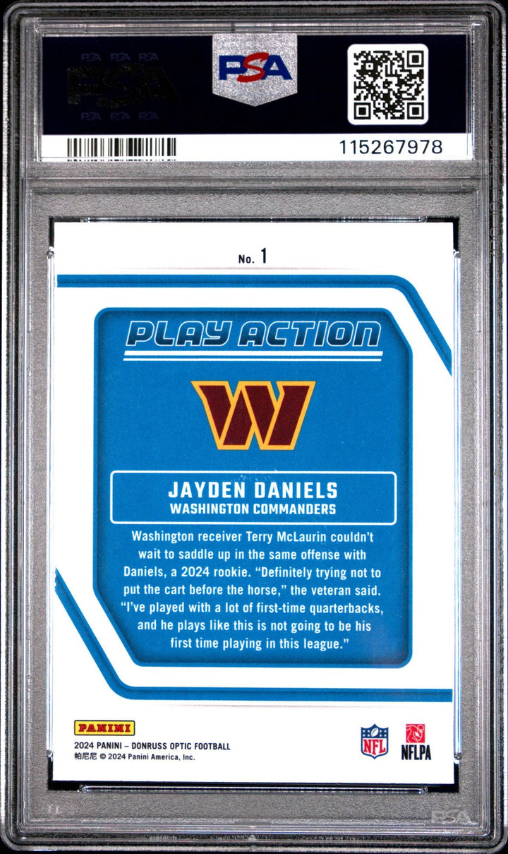 Graded 2024 Donruss Optic Jayden Daniels #1 Play Action Rookie RC Card PSA 10