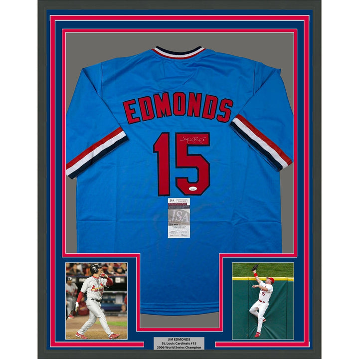 Framed Autographed/Signed Jim Edmonds 35x39 St. Louis Blue Jersey JSA COA