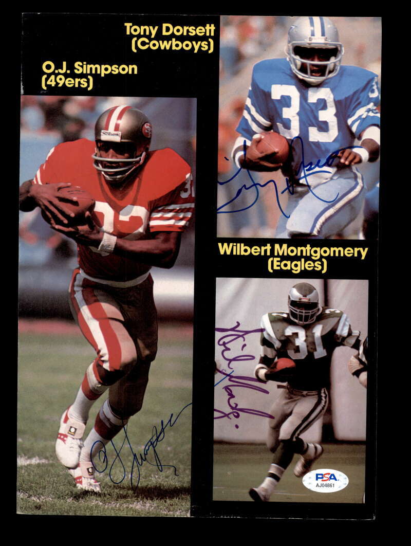 OJ Simpson Tony Dorsett Earl Campbell Montgomery PSA DNA Signed 8x10  Photo