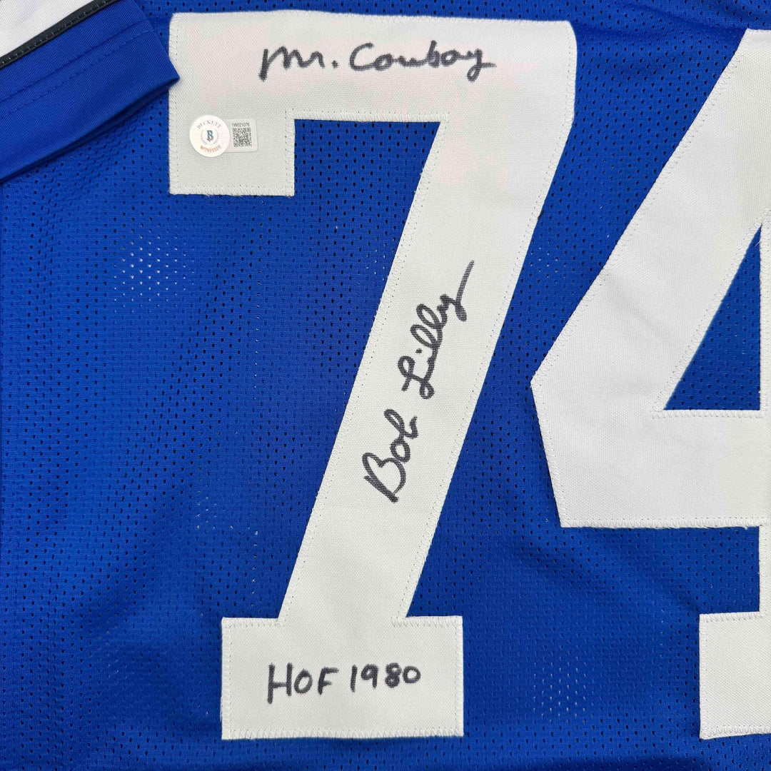 Autographed/Signed Bob Lilly HOF 80 Dallas Retro Blue Jersey JSA COA