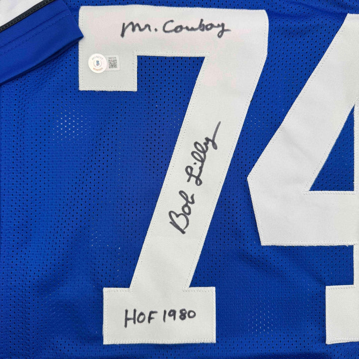 Autographed/Signed Bob Lilly HOF 80 Dallas Retro Blue Jersey JSA COA