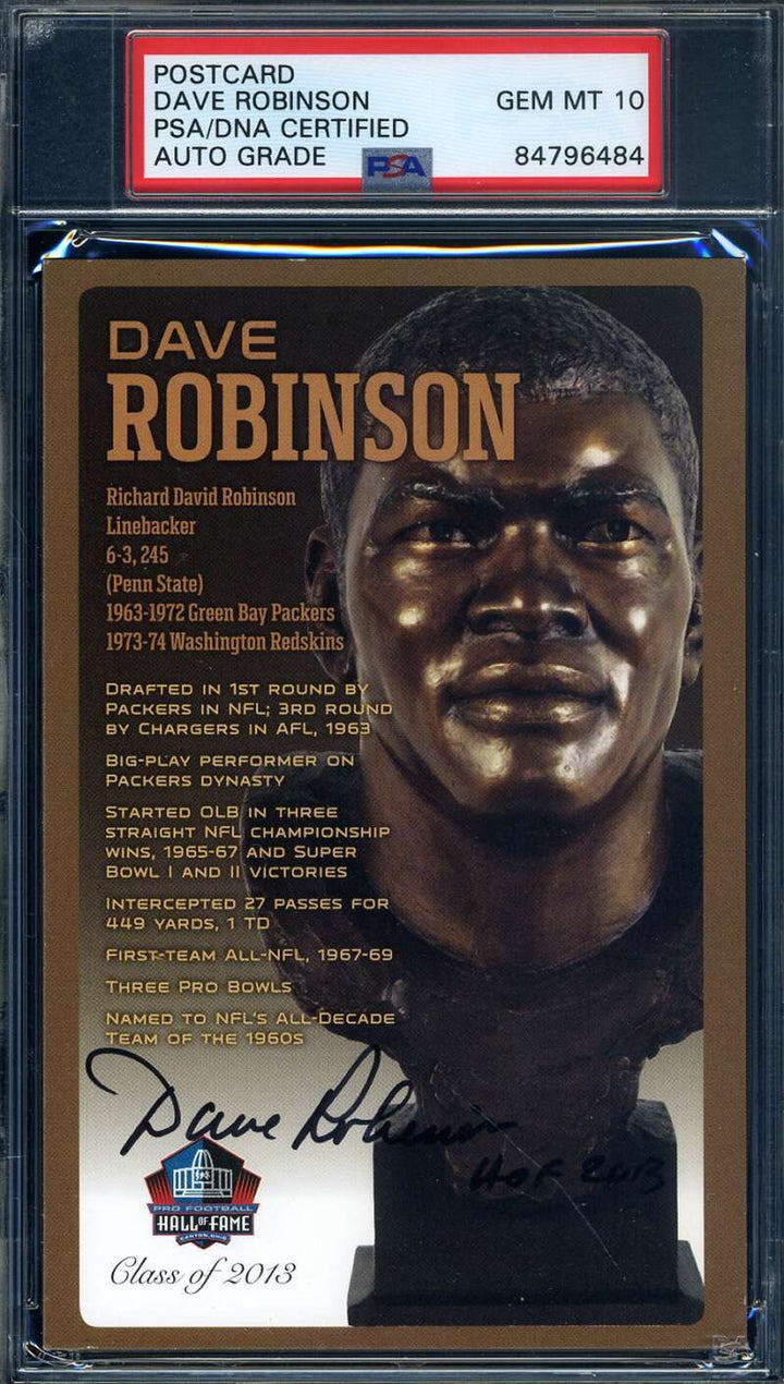 Dave Robinson Gem Mint 10 PSA DNA Signed HOF Bronze Bust Postcard Autographed