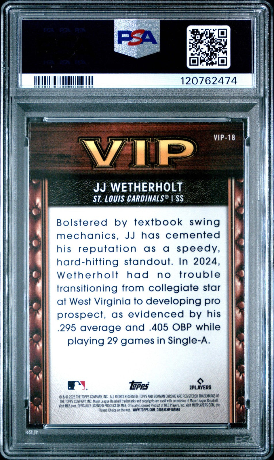 Graded 2025 Topps Bowman M/B JJ Wetherholt #VIP18 Rookie RC Baseball Card PSA 10
