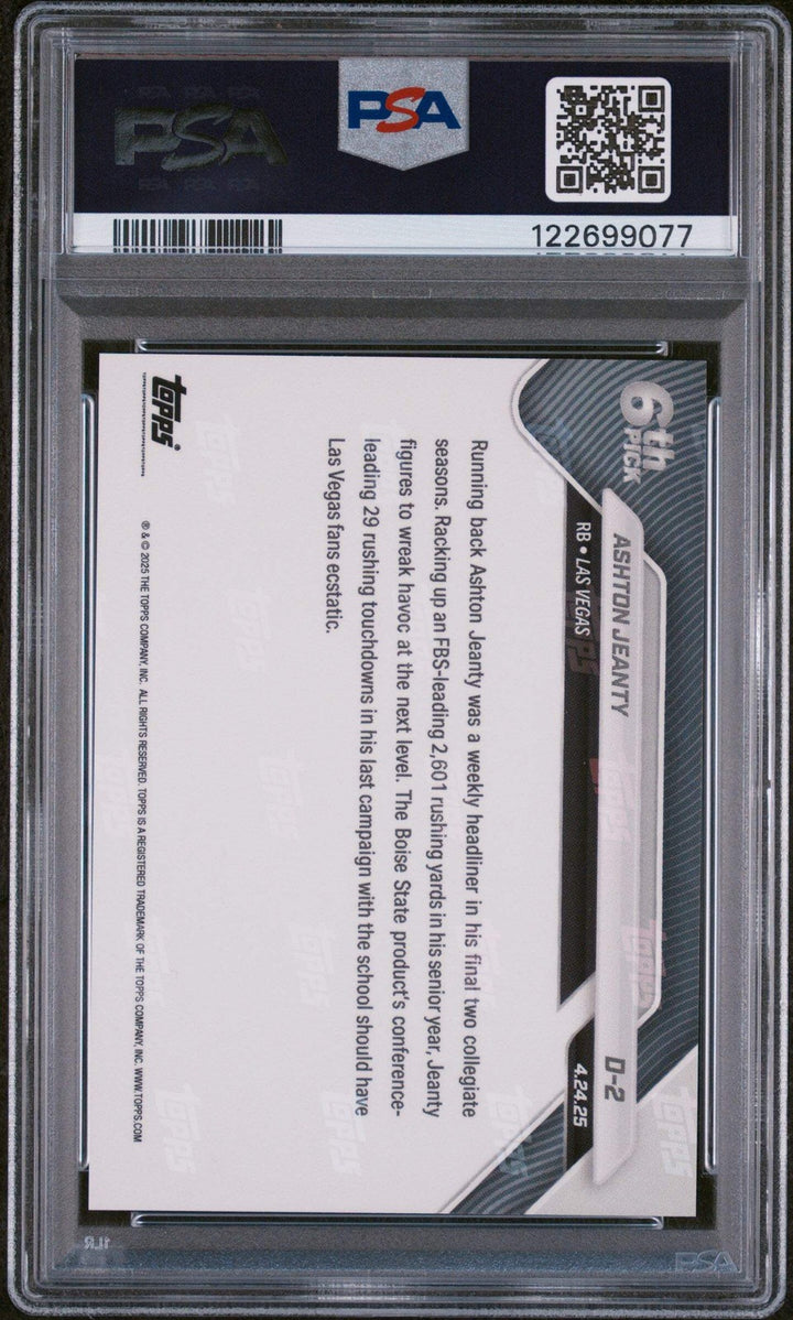Graded 2025 Topps Now Ashton Jeanty #D2 Record Setting RB Selected 6th Overall R