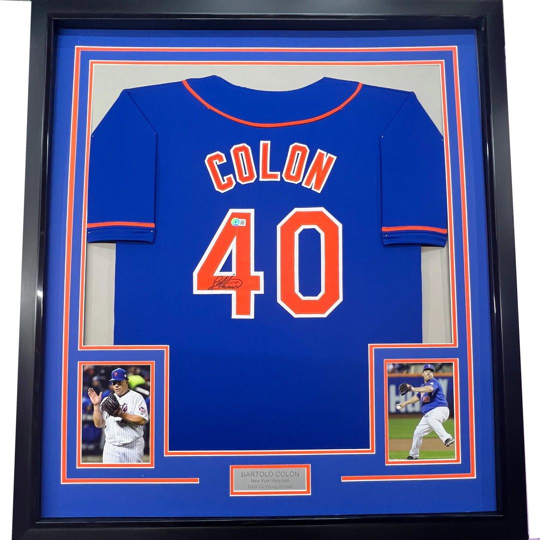 Framed Autographed/Signed Bartolo Colon 33x42 New York Blue Jersey BAS COA
