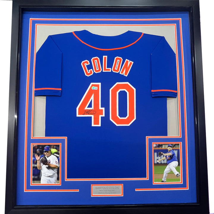 Framed Autographed/Signed Bartolo Colon 33x42 New York Blue Jersey BAS COA