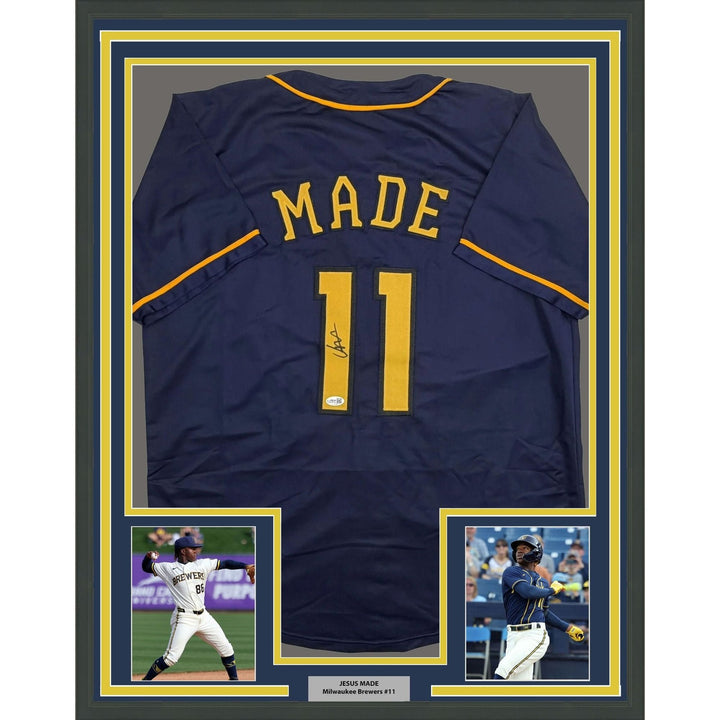Framed Autographed/Signed Jesus Made 35x39 Milwaukee Blue Jersey JSA COA