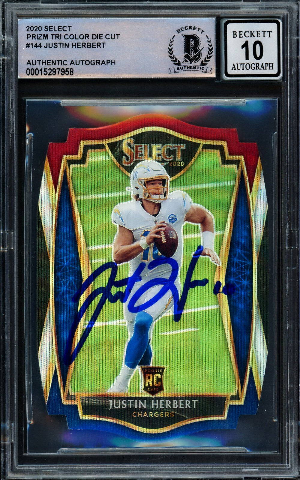 Justin Herbert Signed 2020 Select Prizm Tri Color Die Cut RC 144 Sig 10 Beckett
