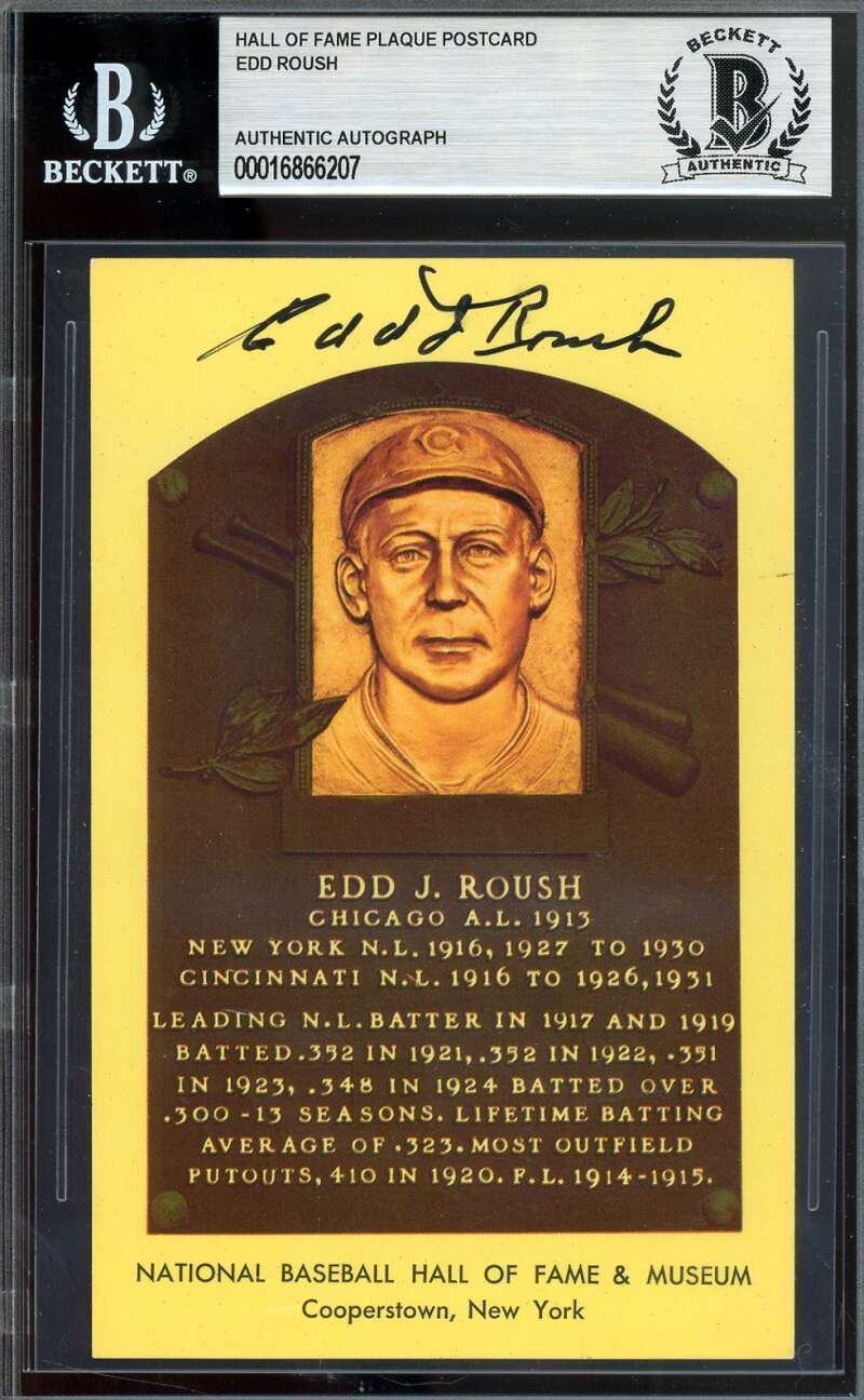 Edd Roush Beckett BAS Signed Gold Hall of Fame Plaque Postcard Autograph