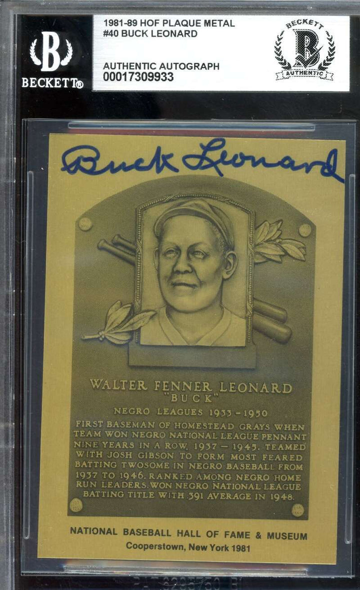 Buck Leonard Beckett BAS Signed 1981 HOF Metallic Hall Of Fame Plaque Autograph