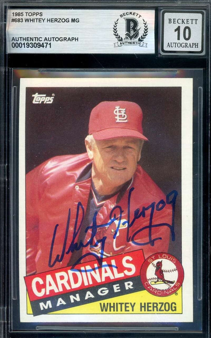 Whitey Herzog Gem Mint 10 Beckett BAS Signed 1985 Topps Cardinals