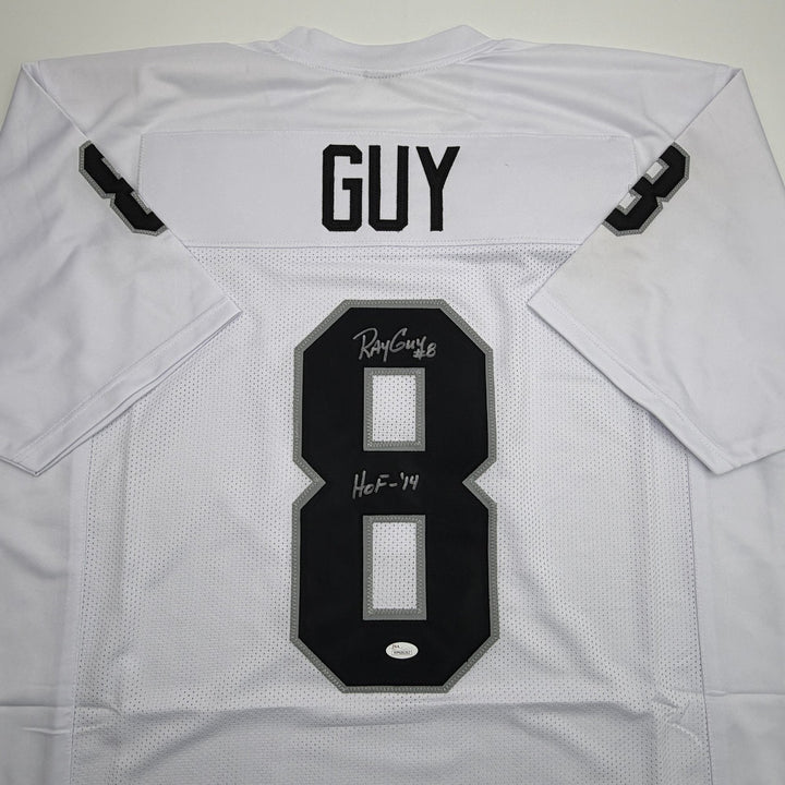 Autographed/Signed Ray Guy HOF Oakland Las Vegas White Football Jersey JSA COA