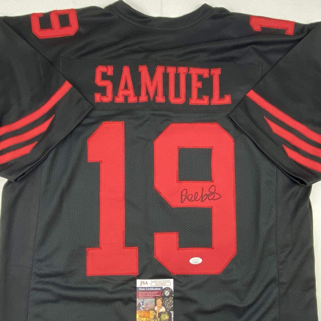 Autographed/Signed DEEBO SAMUEL San Francisco Black Football Jersey JSA COA Auto