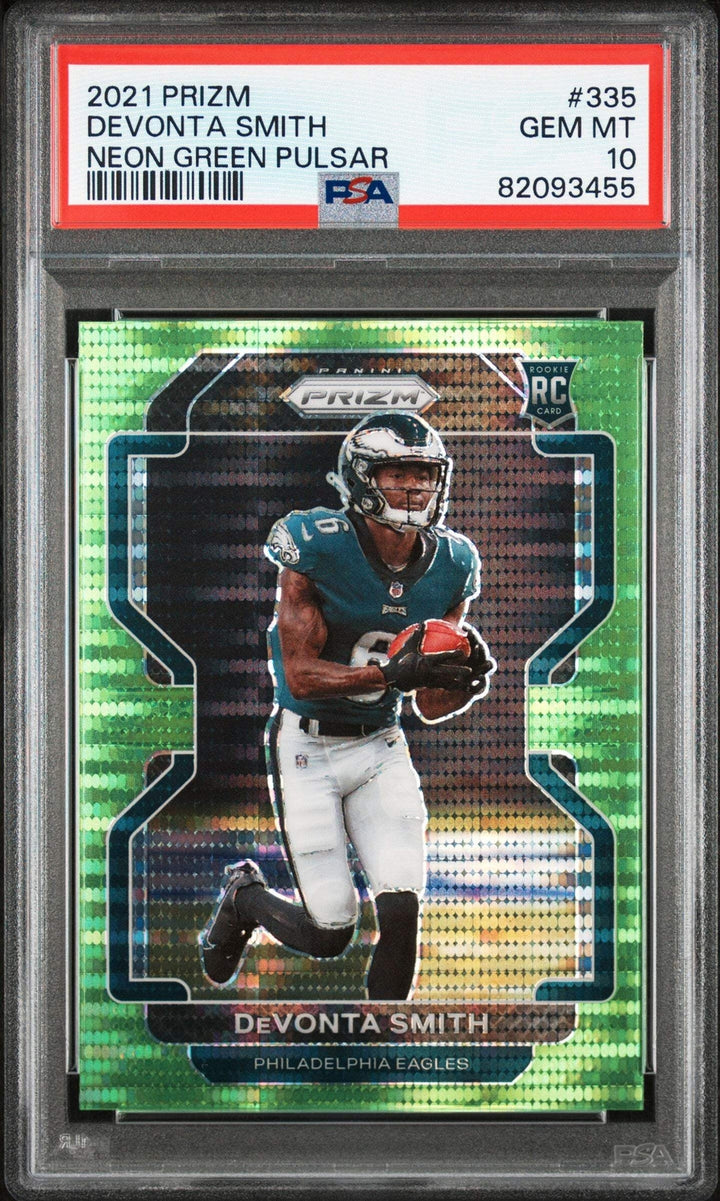 Graded 2021 Prizm Devonta Smith #335 Neon Green Pulsar RC Football Card PSA 10