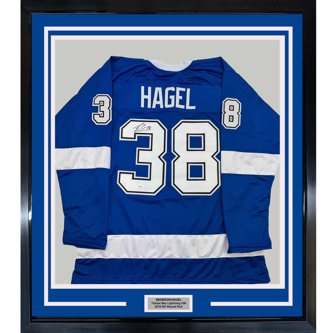 Framed Autographed/Signed Brandon Hagel 35x39 Tampa Bay Blue Jersey JSA COA