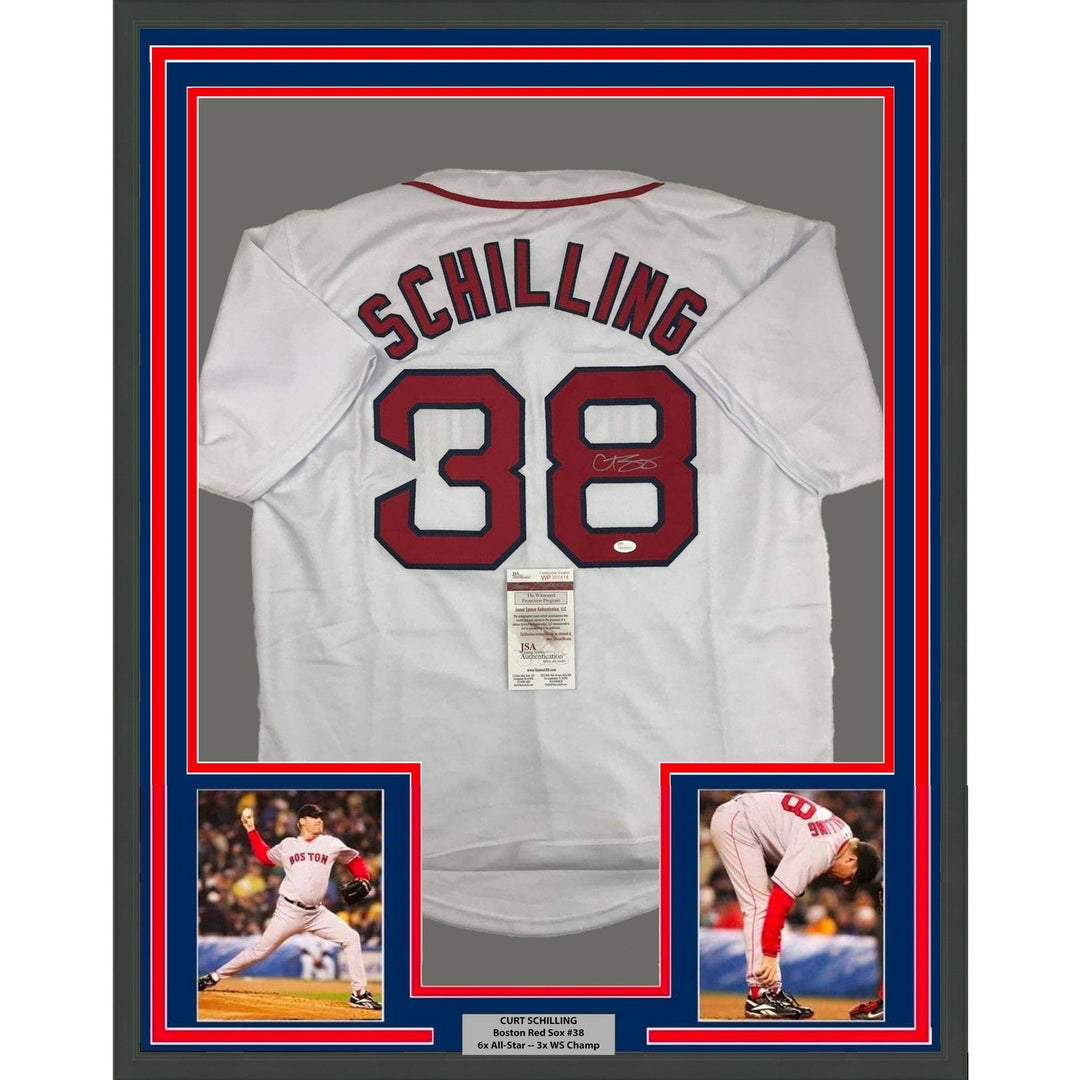 Framed Signed Curt Schilling 35x39 Boston White Jersey JSA COA Auto