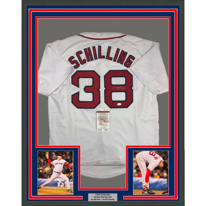 Framed Signed Curt Schilling 35x39 Boston White Jersey JSA COA Auto