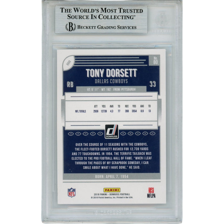 Tony Dorsett Autographed 2018 Donruss 80 Slabbed Trading Card Beckett 45897