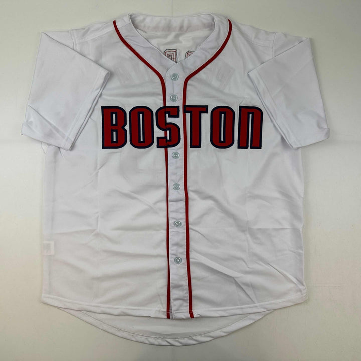 Facsimile Autographed Dustin Pedroia Boston White Reprint Jersey Size Men's XL