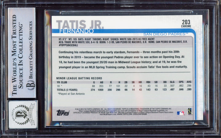Fernando Tatis Jr. Auto 2019 Topps Chrome RC 203 Padres BGS 8 Auto GM 10 Beckett