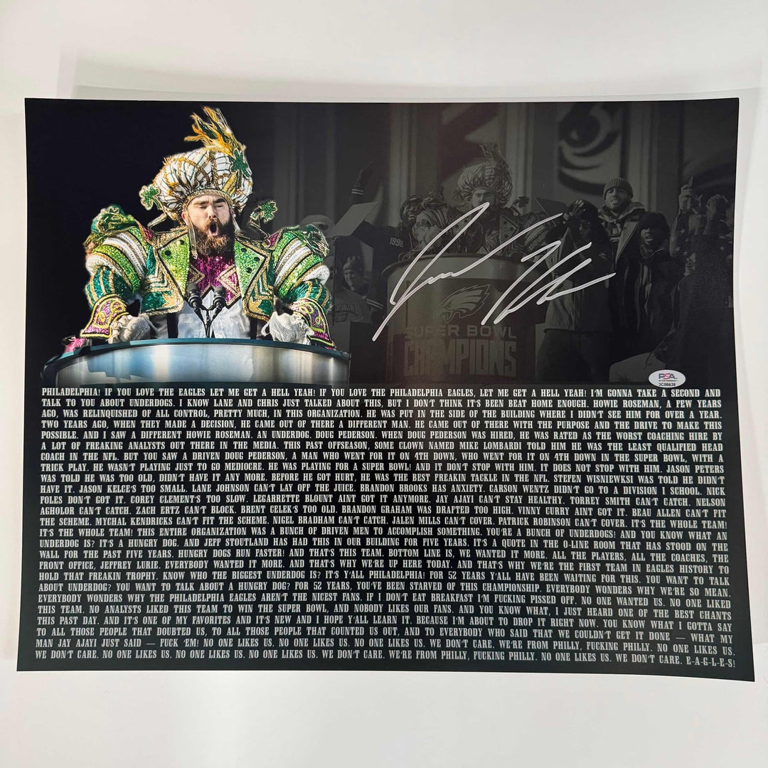 Autographed/Signed JASON KELCE Eagles Parade Speech Mummers 16x20 Photo PSA COA