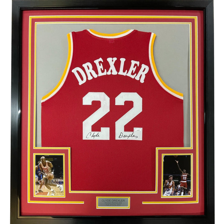 Framed Autographed/Signed Clyde Drexler 33x42 Houston Red Jersey BAS COA