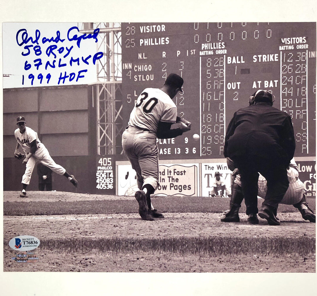 Orlando Cepeda "ROY" "MVP" “HOF" signed Giants stat 8x10 Photo BAS COA Beckett