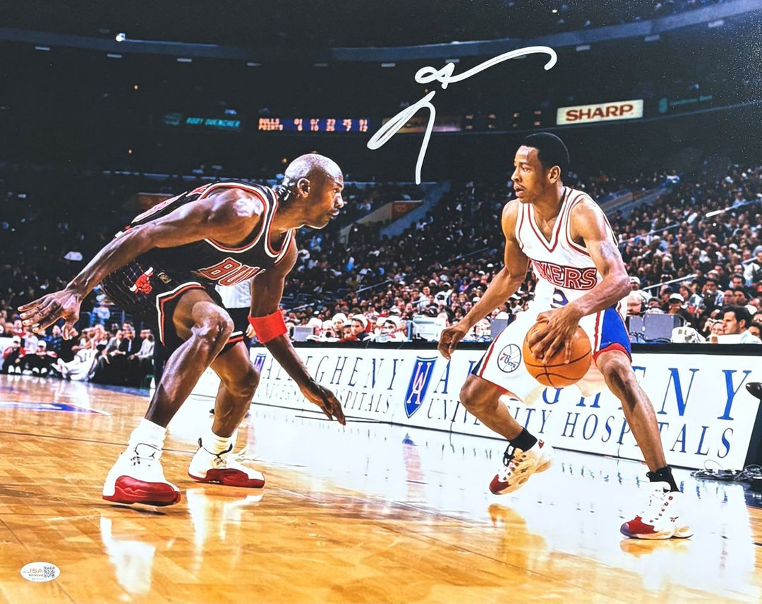 Allen Iverson Signed 16x20 Philadelphia 76ers vs Michael Jordan Photo JSA QR
