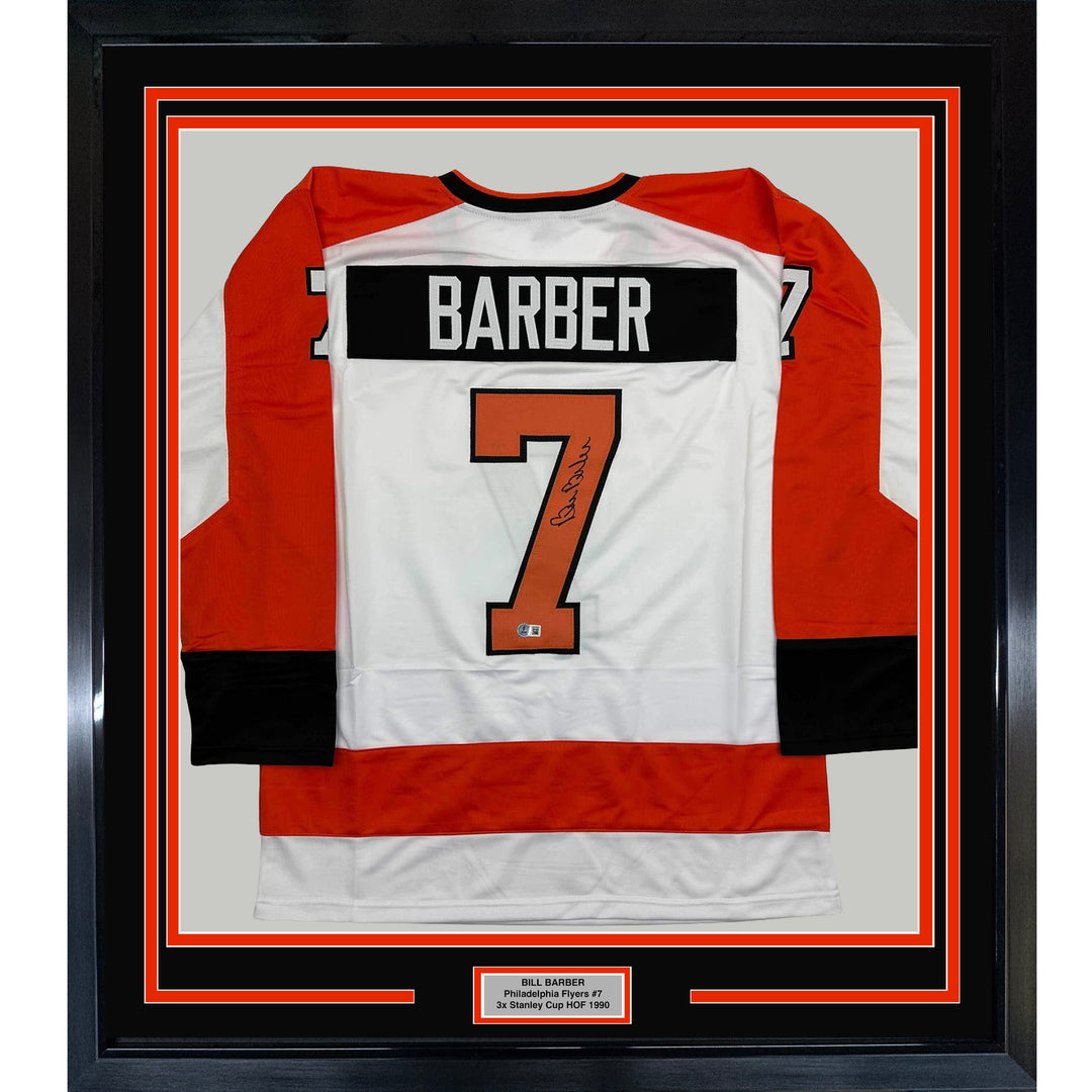 Framed Autographed/Signed Bill Barber 35x39 White Hockey Jersey BAS COA