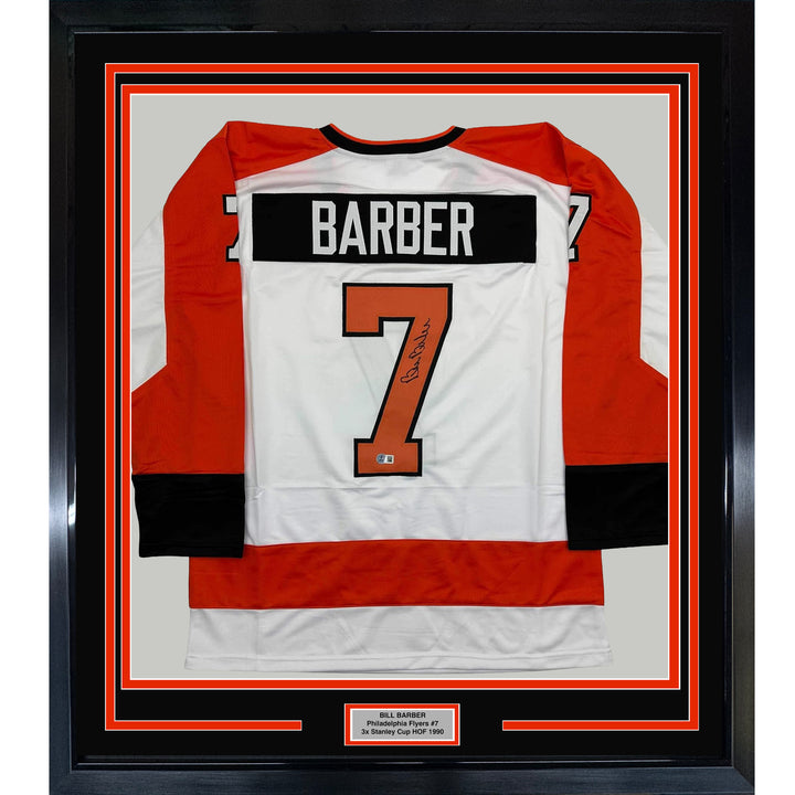 Framed Autographed/Signed Bill Barber 35x39 White Hockey Jersey BAS COA