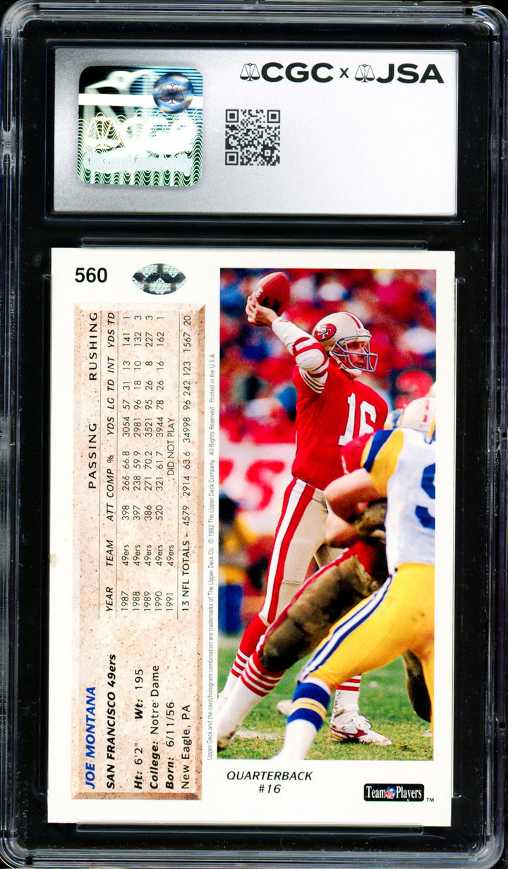 Joe Montana Signed 1992 Upper Deck Card 560 49ers Auto GM 10 CGC x JSA
