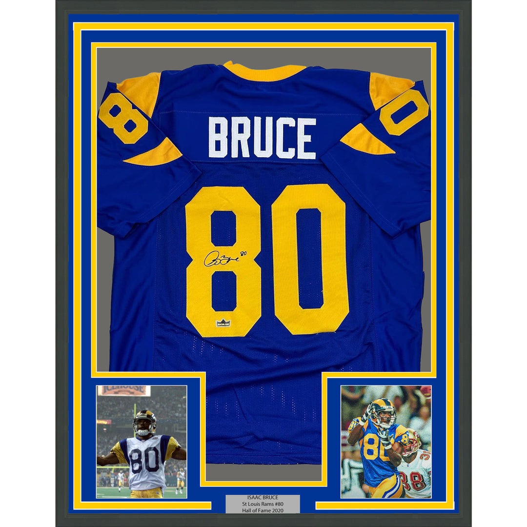 Framed Facsimile Autographed Isaac Bruce 35x39 St. Louis Blue Reprint Jersey