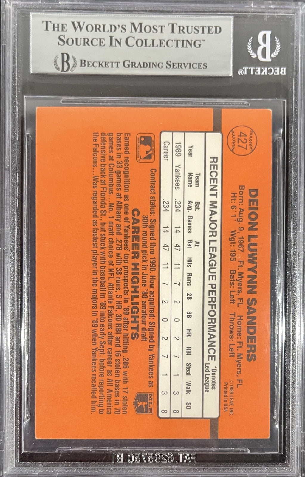 Deion Sanders Signed 1990 Donruss #427 New York Yankees Card Beckett 32093