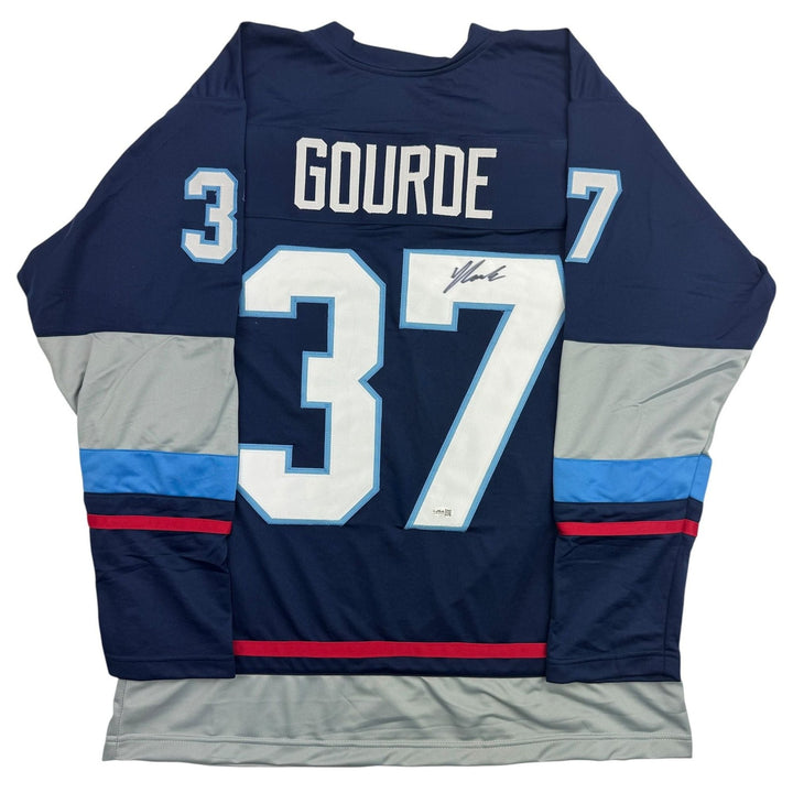 Autographed/Signed Yanni Gourde Seattle Blue Hockey Jersey JSA COA