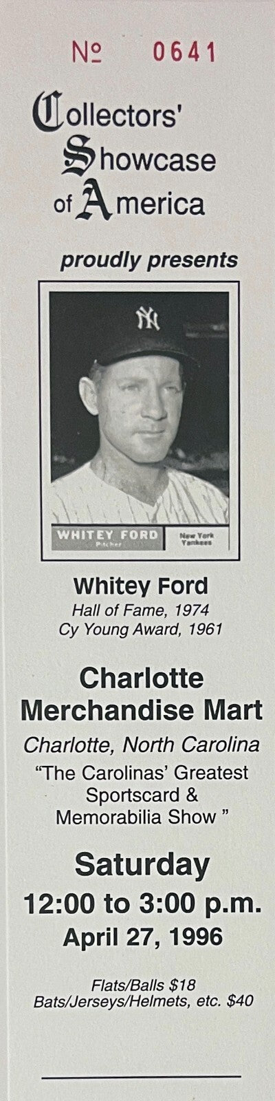 Whitey Ford signed New York Yankees Hall of Fame Induction Day Photo/Card- COA