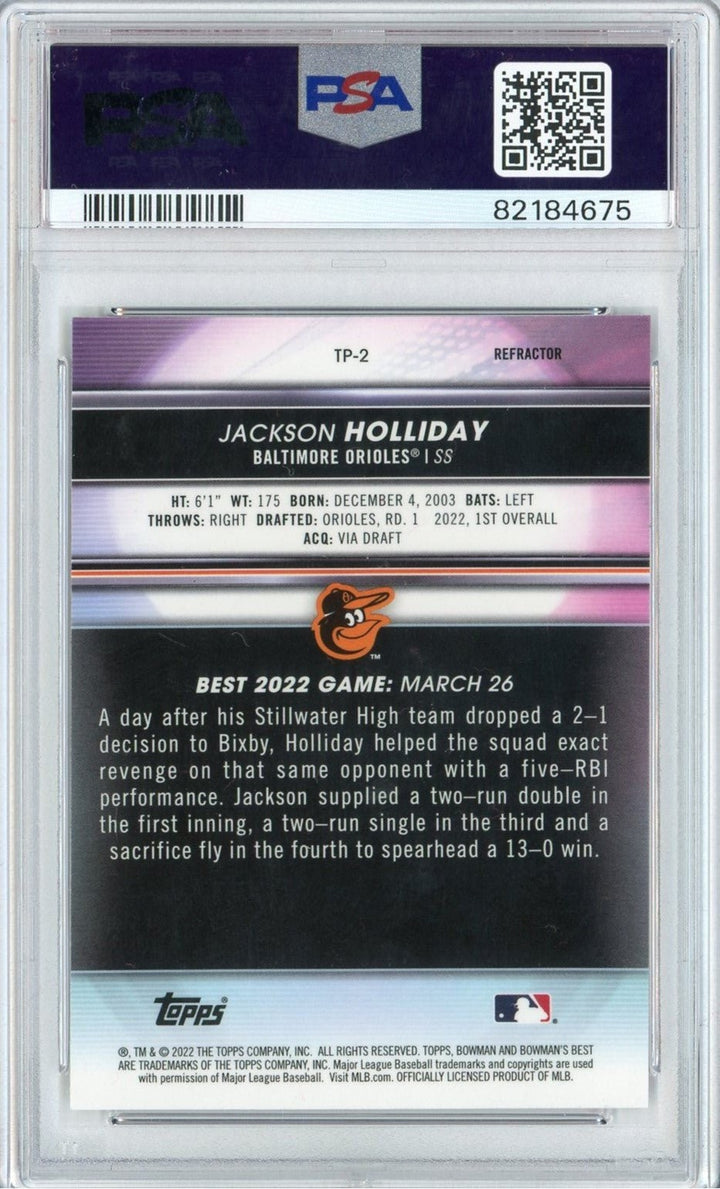 Graded 2022 Bowmans Best Jackson Holliday #TP2 Refractor Rookie Card PSA 10