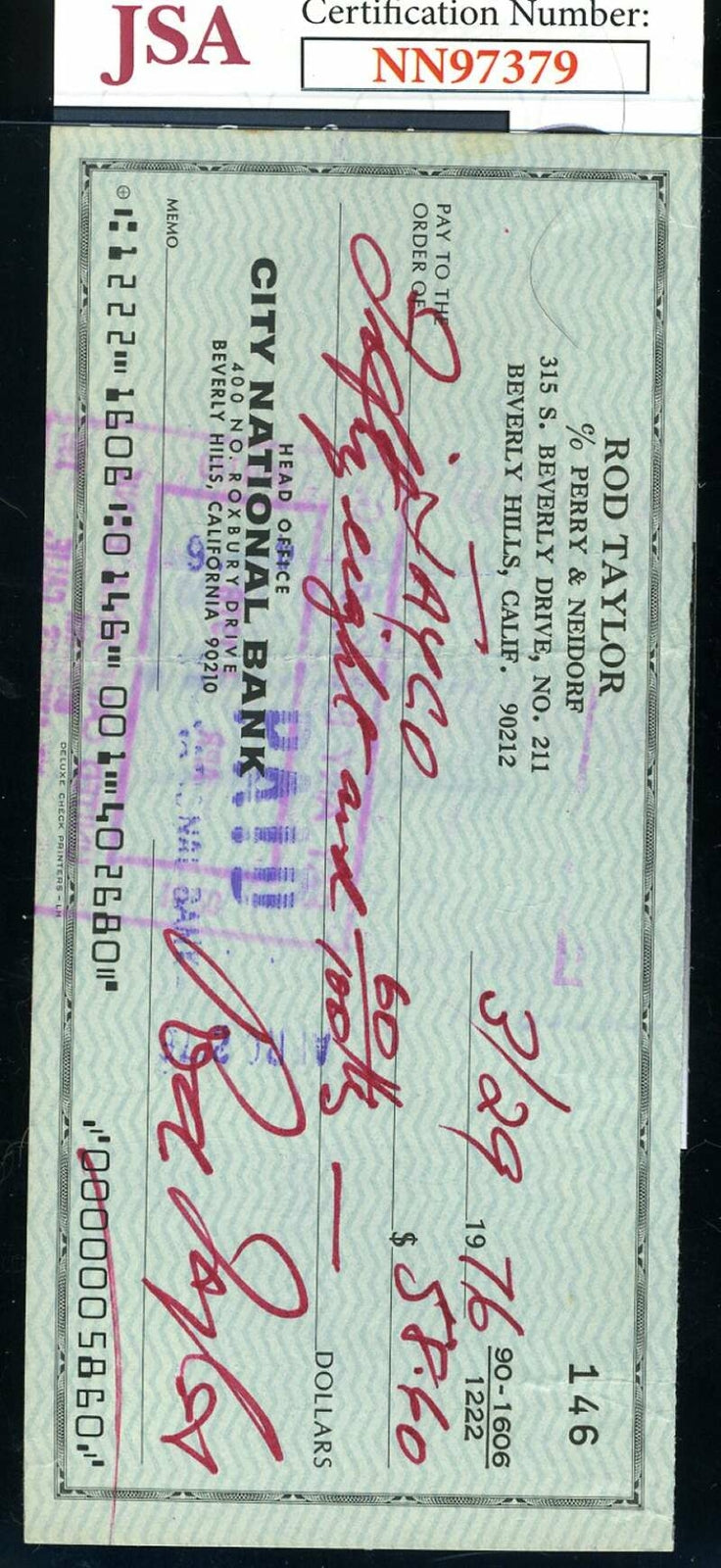 Rod Taylor JSA Coa Signed 1976 Check Autograph