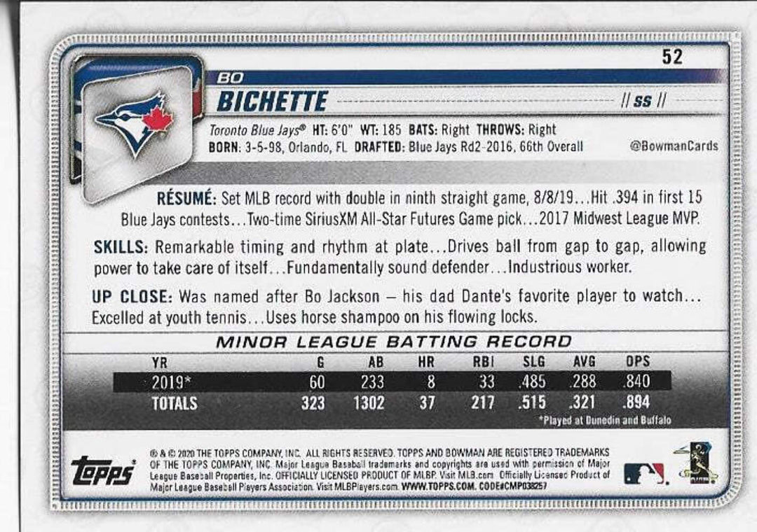 Bo Bichette 2020 Bowman Rookie Card #52