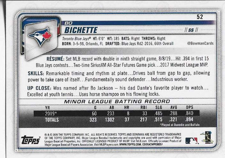 Bo Bichette 2020 Bowman Rookie Card #52